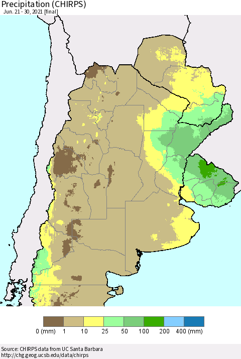 Southern South America Precipitation (CHIRPS) Thematic Map For 6/21/2021 - 6/30/2021