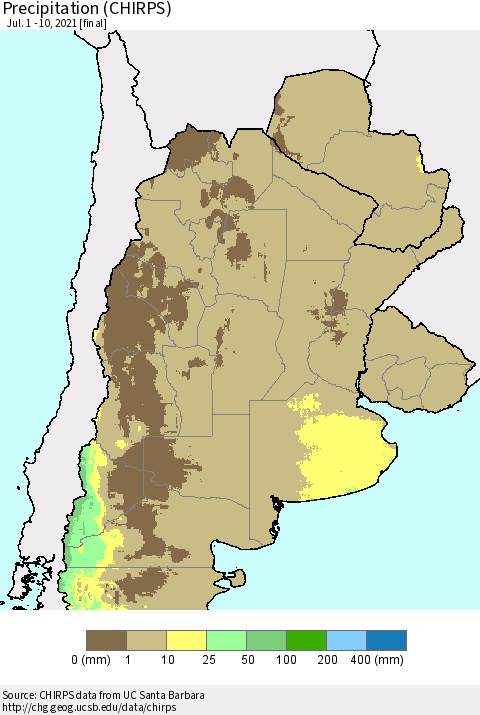 Southern South America Precipitation (CHIRPS) Thematic Map For 7/1/2021 - 7/10/2021
