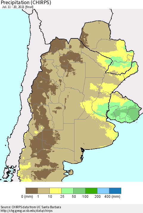 Southern South America Precipitation (CHIRPS) Thematic Map For 7/11/2021 - 7/20/2021