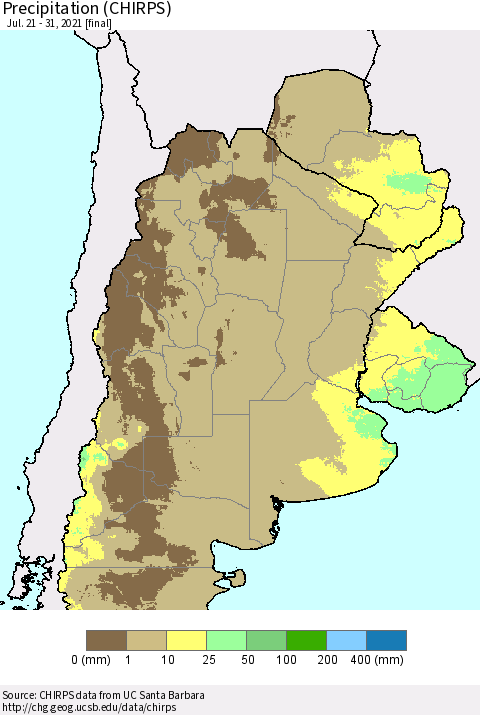 Southern South America Precipitation (CHIRPS) Thematic Map For 7/21/2021 - 7/31/2021