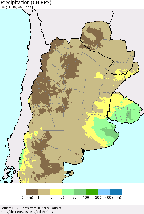 Southern South America Precipitation (CHIRPS) Thematic Map For 8/1/2021 - 8/10/2021