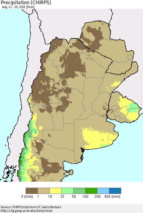 Southern South America Precipitation (CHIRPS) Thematic Map For 8/11/2021 - 8/20/2021