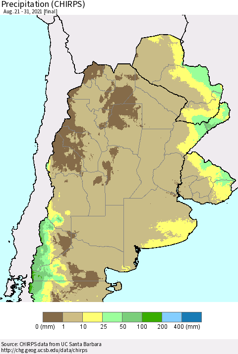 Southern South America Precipitation (CHIRPS) Thematic Map For 8/21/2021 - 8/31/2021