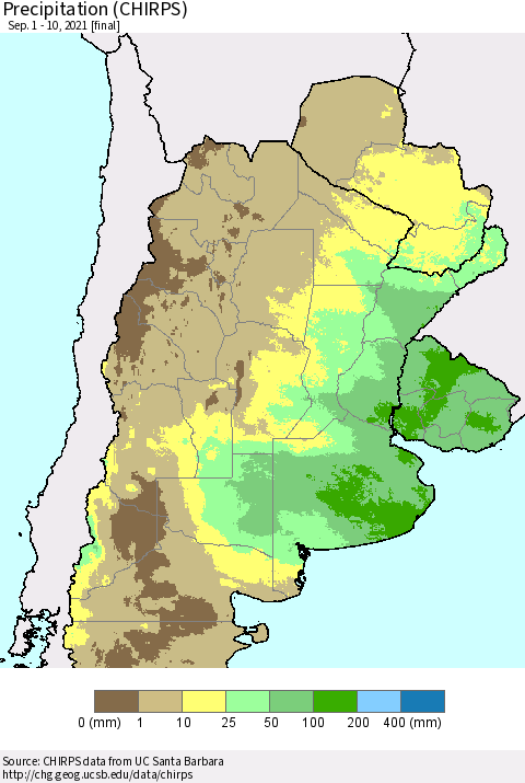 Southern South America Precipitation (CHIRPS) Thematic Map For 9/1/2021 - 9/10/2021