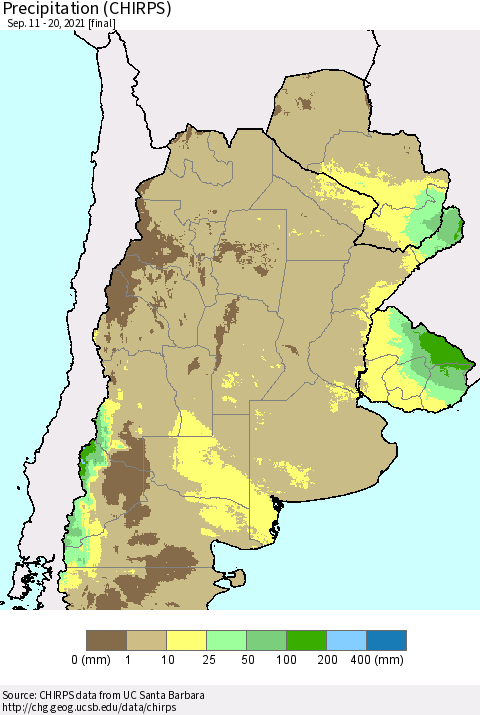 Southern South America Precipitation (CHIRPS) Thematic Map For 9/11/2021 - 9/20/2021