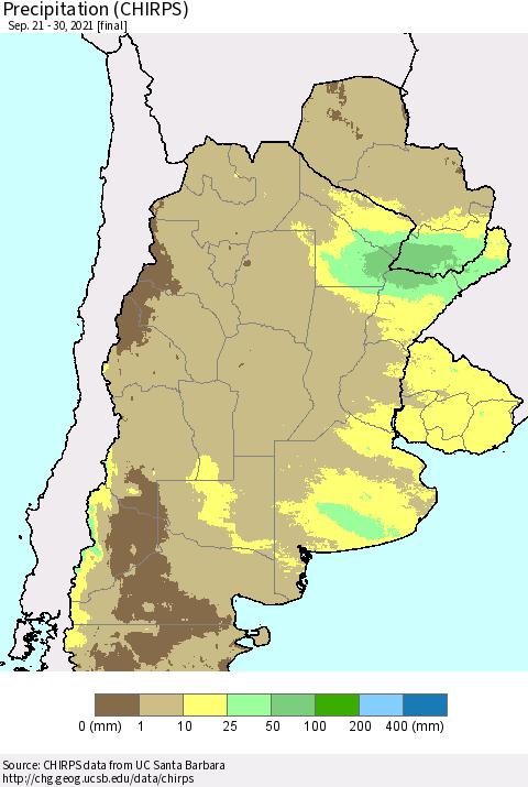 Southern South America Precipitation (CHIRPS) Thematic Map For 9/21/2021 - 9/30/2021