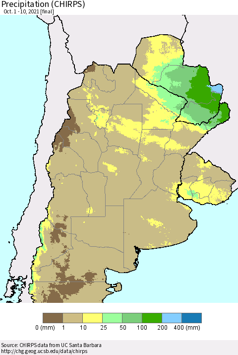 Southern South America Precipitation (CHIRPS) Thematic Map For 10/1/2021 - 10/10/2021