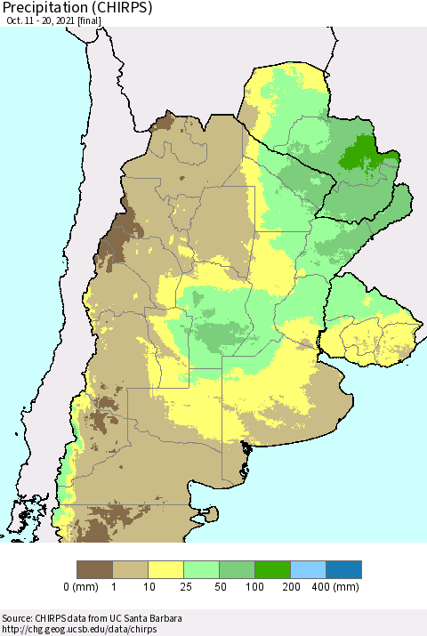 Southern South America Precipitation (CHIRPS) Thematic Map For 10/11/2021 - 10/20/2021