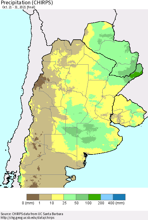 Southern South America Precipitation (CHIRPS) Thematic Map For 10/21/2021 - 10/31/2021