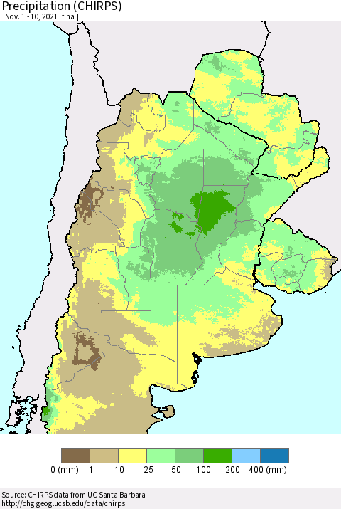 Southern South America Precipitation (CHIRPS) Thematic Map For 11/1/2021 - 11/10/2021