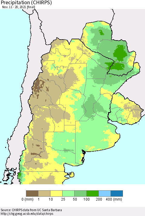 Southern South America Precipitation (CHIRPS) Thematic Map For 11/11/2021 - 11/20/2021