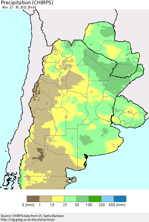 Southern South America Precipitation (CHIRPS) Thematic Map For 11/21/2021 - 11/30/2021