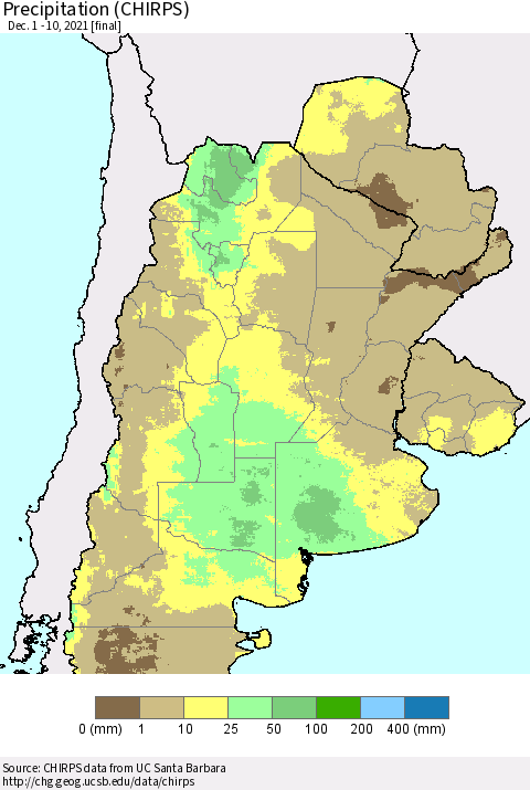 Southern South America Precipitation (CHIRPS) Thematic Map For 12/1/2021 - 12/10/2021