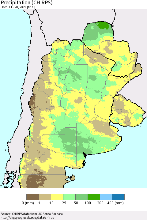 Southern South America Precipitation (CHIRPS) Thematic Map For 12/11/2021 - 12/20/2021