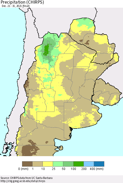 Southern South America Precipitation (CHIRPS) Thematic Map For 12/21/2021 - 12/31/2021