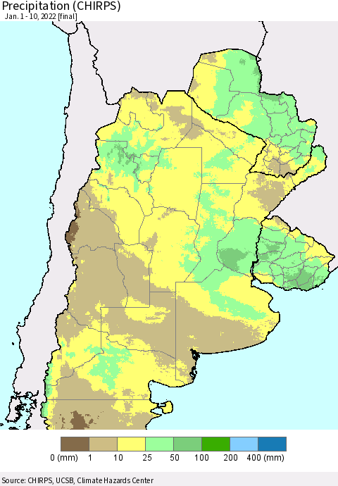 Southern South America Precipitation (CHIRPS) Thematic Map For 1/1/2022 - 1/10/2022