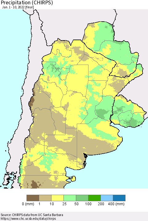 Southern South America Precipitation (CHIRPS) Thematic Map For 1/1/2022 - 1/10/2022
