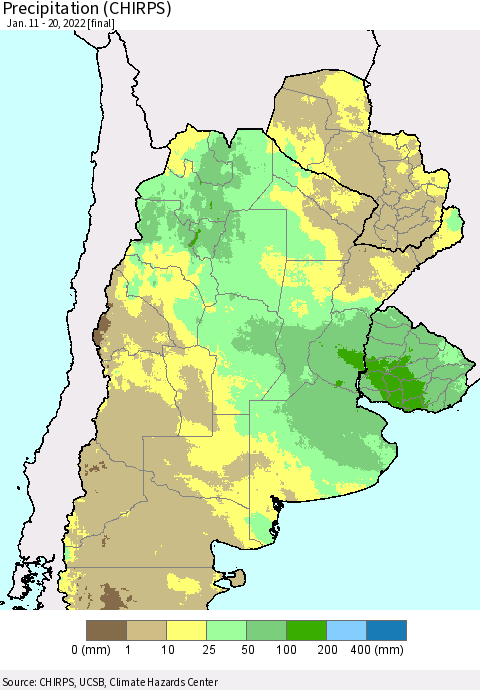 Southern South America Precipitation (CHIRPS) Thematic Map For 1/11/2022 - 1/20/2022