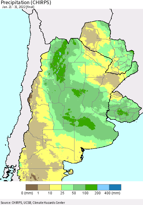 Southern South America Precipitation (CHIRPS) Thematic Map For 1/21/2022 - 1/31/2022