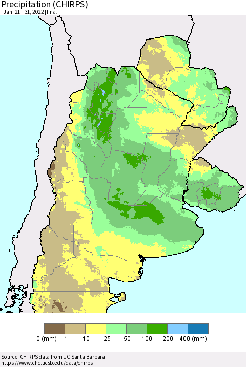 Southern South America Precipitation (CHIRPS) Thematic Map For 1/21/2022 - 1/31/2022