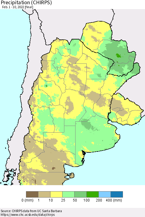 Southern South America Precipitation (CHIRPS) Thematic Map For 2/1/2022 - 2/10/2022