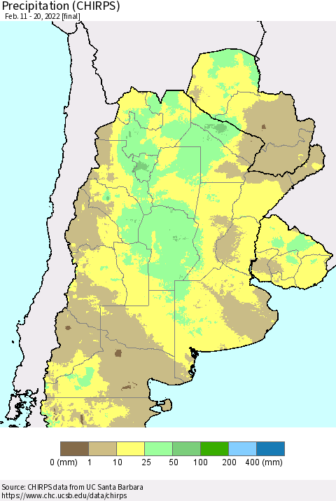 Southern South America Precipitation (CHIRPS) Thematic Map For 2/11/2022 - 2/20/2022