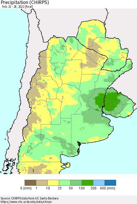 Southern South America Precipitation (CHIRPS) Thematic Map For 2/21/2022 - 2/28/2022