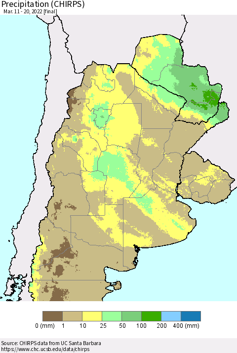 Southern South America Precipitation (CHIRPS) Thematic Map For 3/11/2022 - 3/20/2022