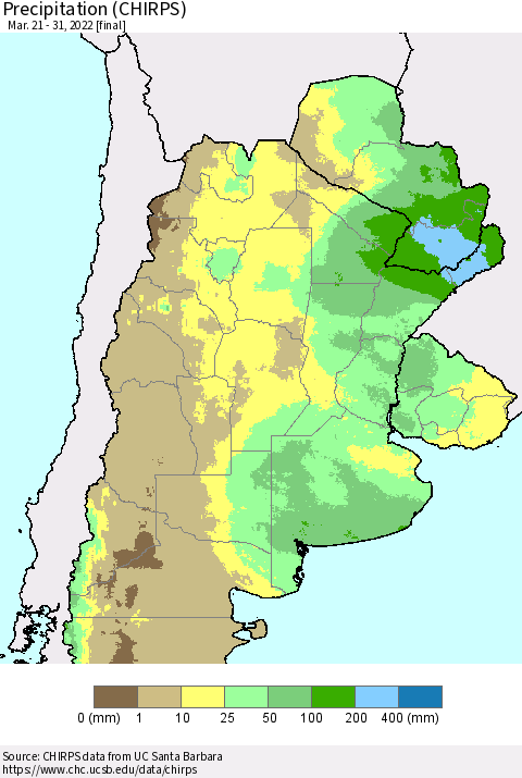 Southern South America Precipitation (CHIRPS) Thematic Map For 3/21/2022 - 3/31/2022
