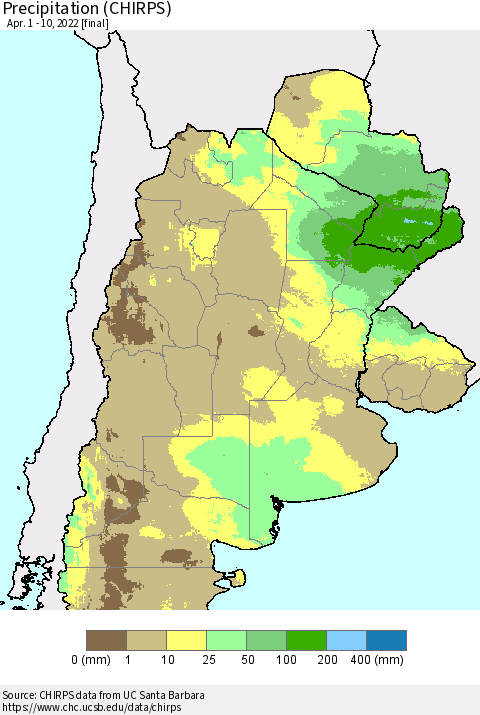 Southern South America Precipitation (CHIRPS) Thematic Map For 4/1/2022 - 4/10/2022