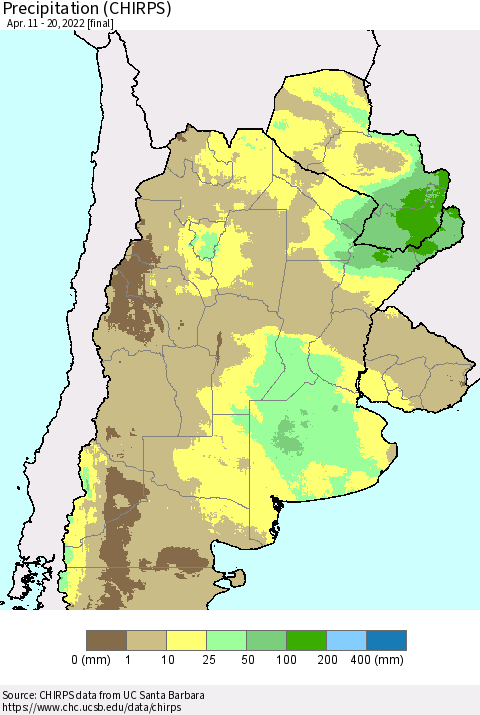 Southern South America Precipitation (CHIRPS) Thematic Map For 4/11/2022 - 4/20/2022
