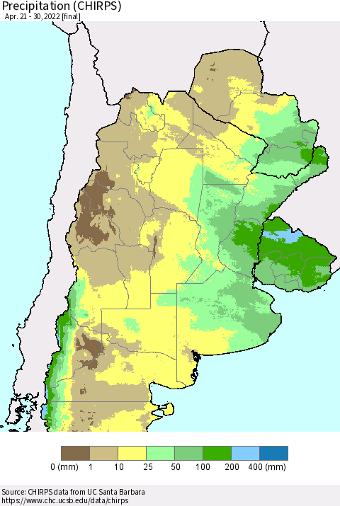 Southern South America Precipitation (CHIRPS) Thematic Map For 4/21/2022 - 4/30/2022