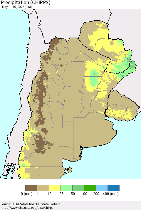Southern South America Precipitation (CHIRPS) Thematic Map For 5/1/2022 - 5/10/2022