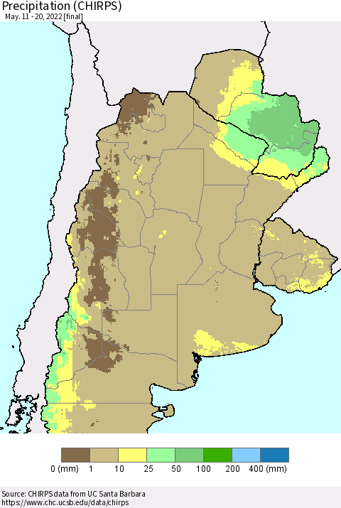 Southern South America Precipitation (CHIRPS) Thematic Map For 5/11/2022 - 5/20/2022