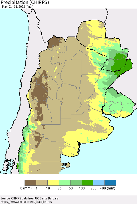 Southern South America Precipitation (CHIRPS) Thematic Map For 5/21/2022 - 5/31/2022