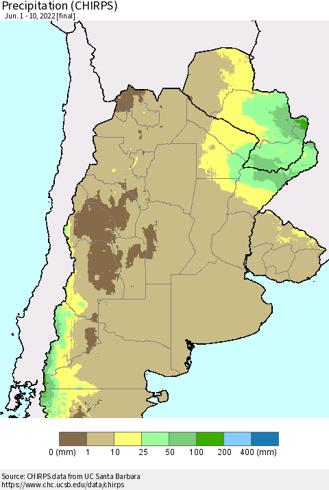 Southern South America Precipitation (CHIRPS) Thematic Map For 6/1/2022 - 6/10/2022