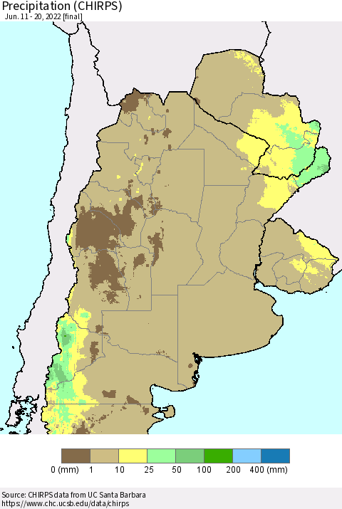 Southern South America Precipitation (CHIRPS) Thematic Map For 6/11/2022 - 6/20/2022