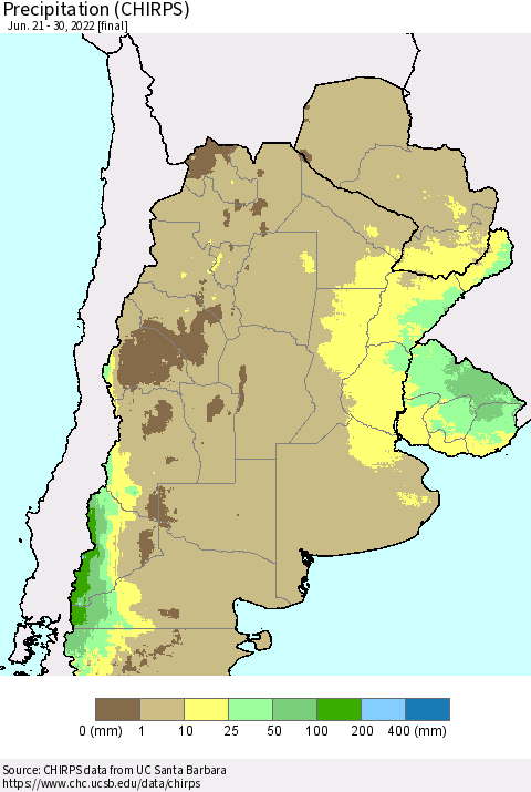 Southern South America Precipitation (CHIRPS) Thematic Map For 6/21/2022 - 6/30/2022