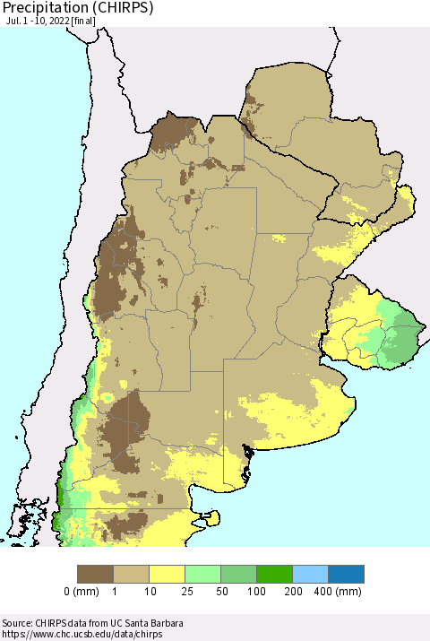 Southern South America Precipitation (CHIRPS) Thematic Map For 7/1/2022 - 7/10/2022