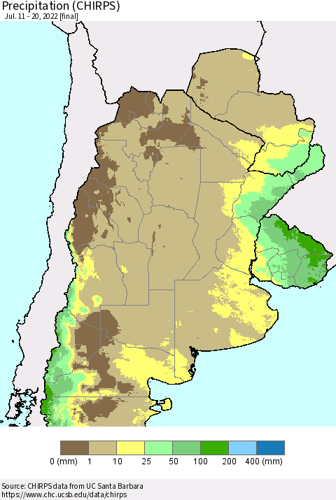 Southern South America Precipitation (CHIRPS) Thematic Map For 7/11/2022 - 7/20/2022