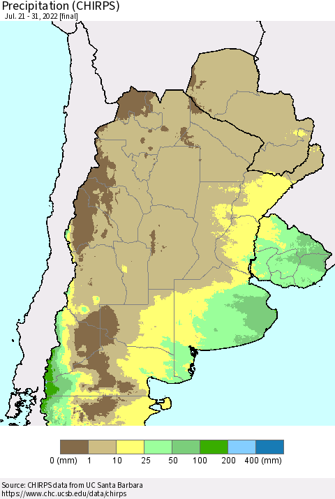 Southern South America Precipitation (CHIRPS) Thematic Map For 7/21/2022 - 7/31/2022