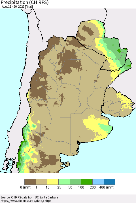 Southern South America Precipitation (CHIRPS) Thematic Map For 8/11/2022 - 8/20/2022
