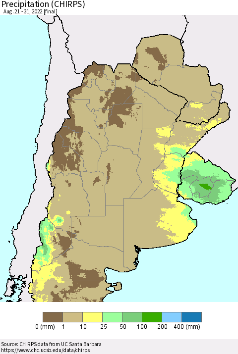 Southern South America Precipitation (CHIRPS) Thematic Map For 8/21/2022 - 8/31/2022