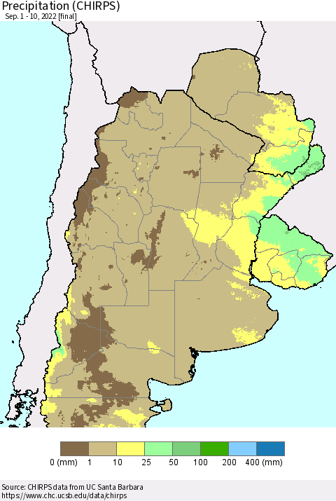 Southern South America Precipitation (CHIRPS) Thematic Map For 9/1/2022 - 9/10/2022