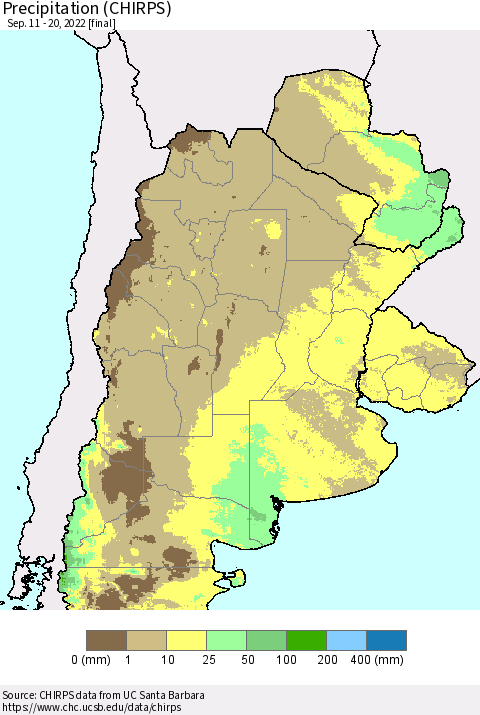 Southern South America Precipitation (CHIRPS) Thematic Map For 9/11/2022 - 9/20/2022