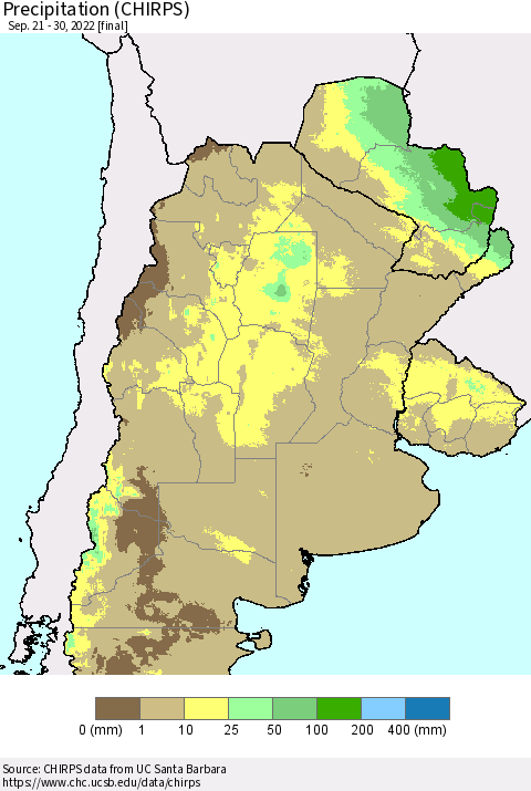 Southern South America Precipitation (CHIRPS) Thematic Map For 9/21/2022 - 9/30/2022