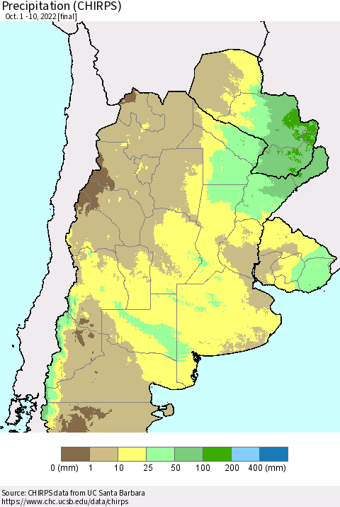 Southern South America Precipitation (CHIRPS) Thematic Map For 10/1/2022 - 10/10/2022