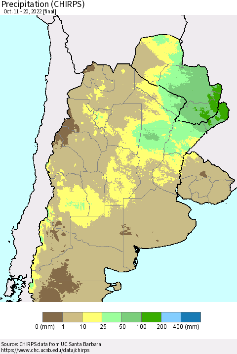Southern South America Precipitation (CHIRPS) Thematic Map For 10/11/2022 - 10/20/2022