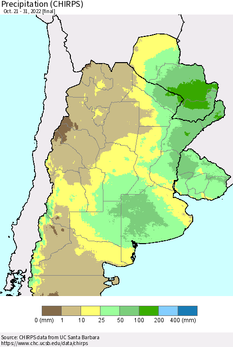 Southern South America Precipitation (CHIRPS) Thematic Map For 10/21/2022 - 10/31/2022