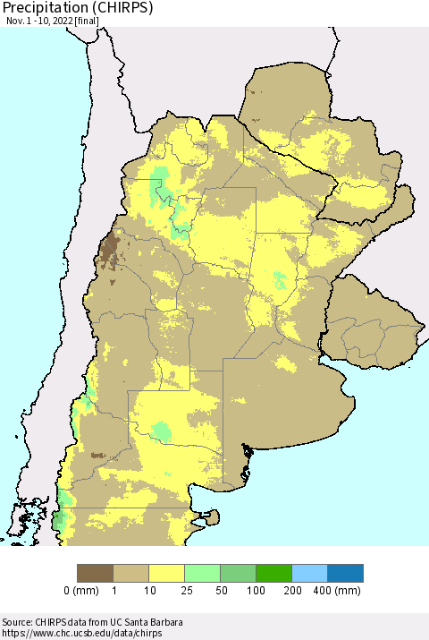 Southern South America Precipitation (CHIRPS) Thematic Map For 11/1/2022 - 11/10/2022
